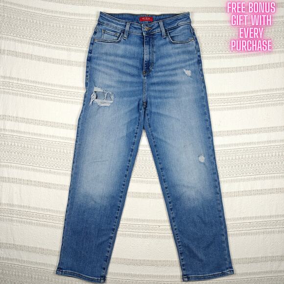 Guess Distressed Light Wash High Rise Straight Leg Jeans Size 28 - Picture 1 of 9